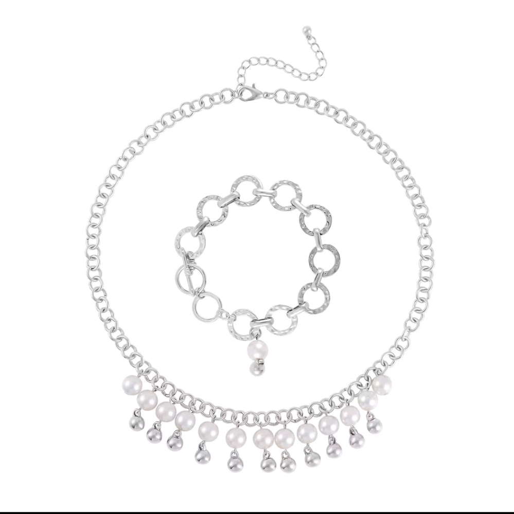 Simulated Pearl Glass Necklace 20-22 Inches and Bracelet 8In in Silvertone